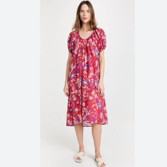 Anthropologie SUNDRY Red Floral Puff Sleeve Boho Dress Cotton Purple Red Sz S/M - Picture 1 of 15